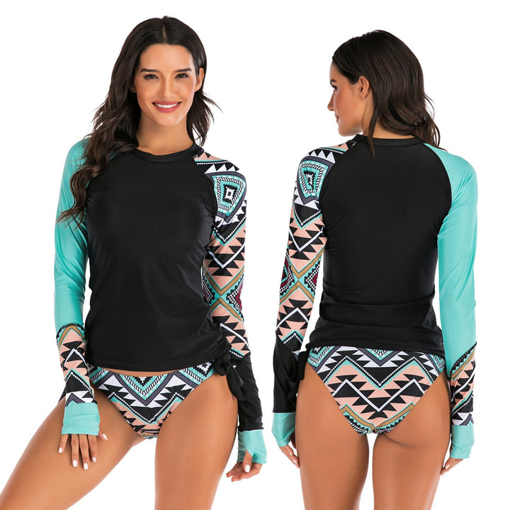 Womens Long Sleeve Shirt Color Block Print Tankini Swimsuit Image 1