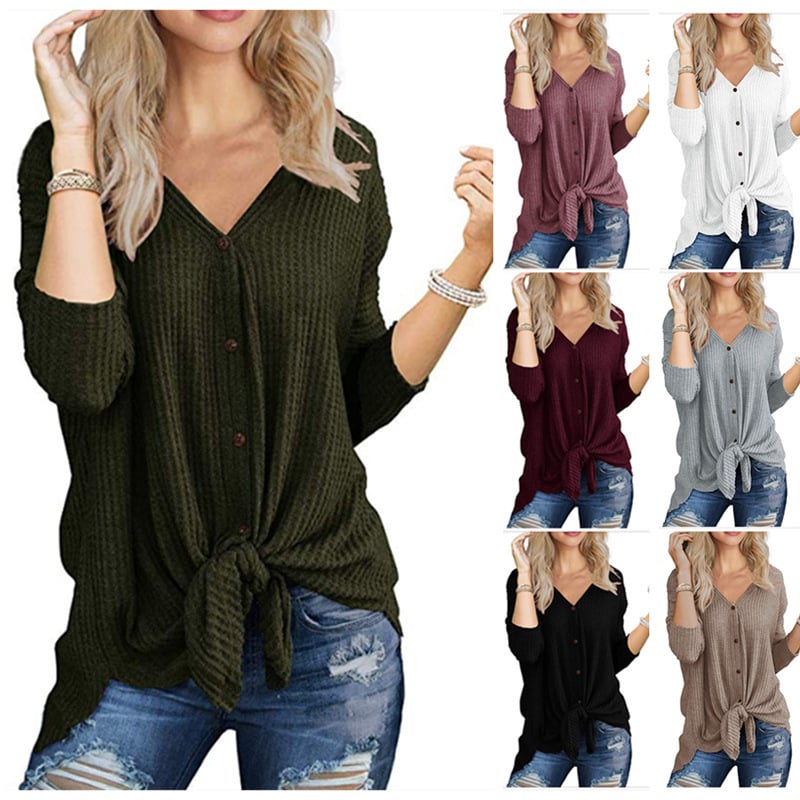 Womens Waffle Knit Tunic Blouse Tie Knot Henley Tops Loose Fitting Bat Image 1