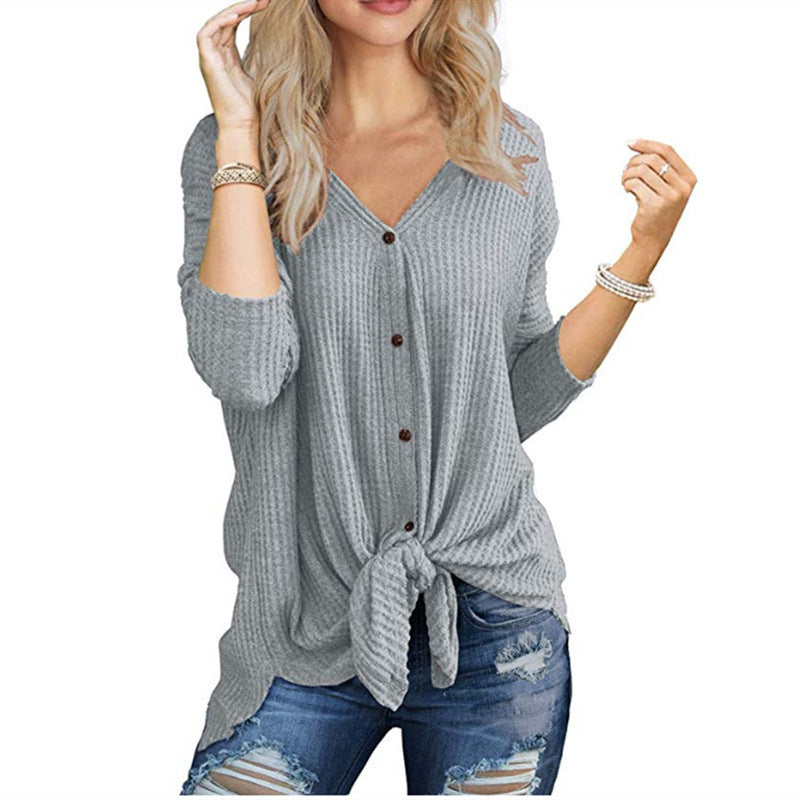 Womens Waffle Knit Tunic Blouse Tie Knot Henley Tops Loose Fitting Bat Image 2