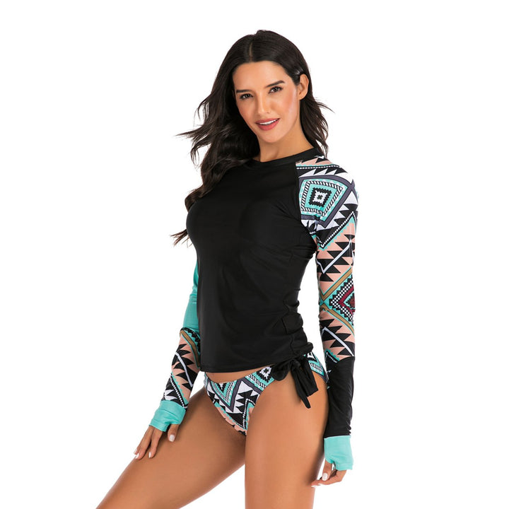 Womens Long Sleeve Shirt Color Block Print Tankini Swimsuit Image 3