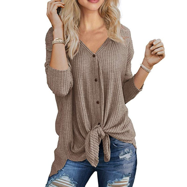 Womens Waffle Knit Tunic Blouse Tie Knot Henley Tops Loose Fitting Bat Image 1