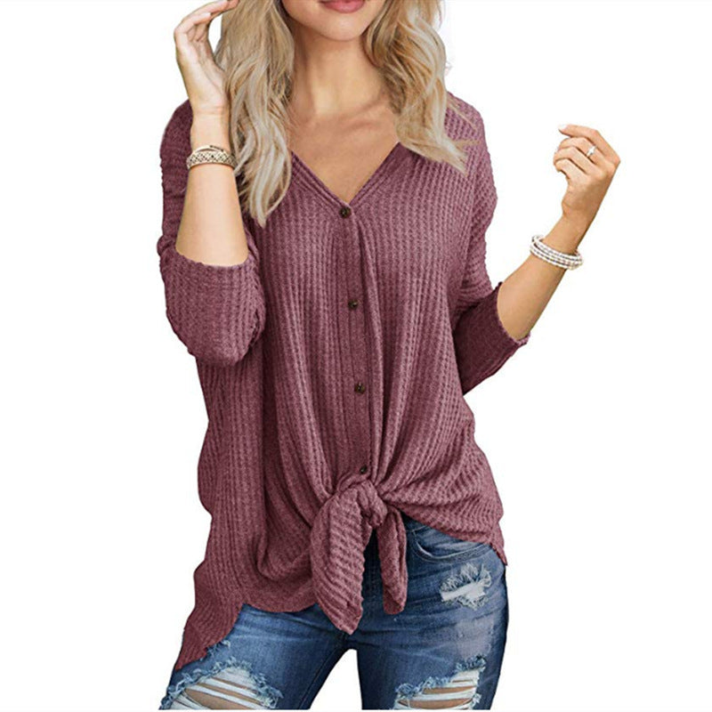 Womens Waffle Knit Tunic Blouse Tie Knot Henley Tops Loose Fitting Bat Image 7