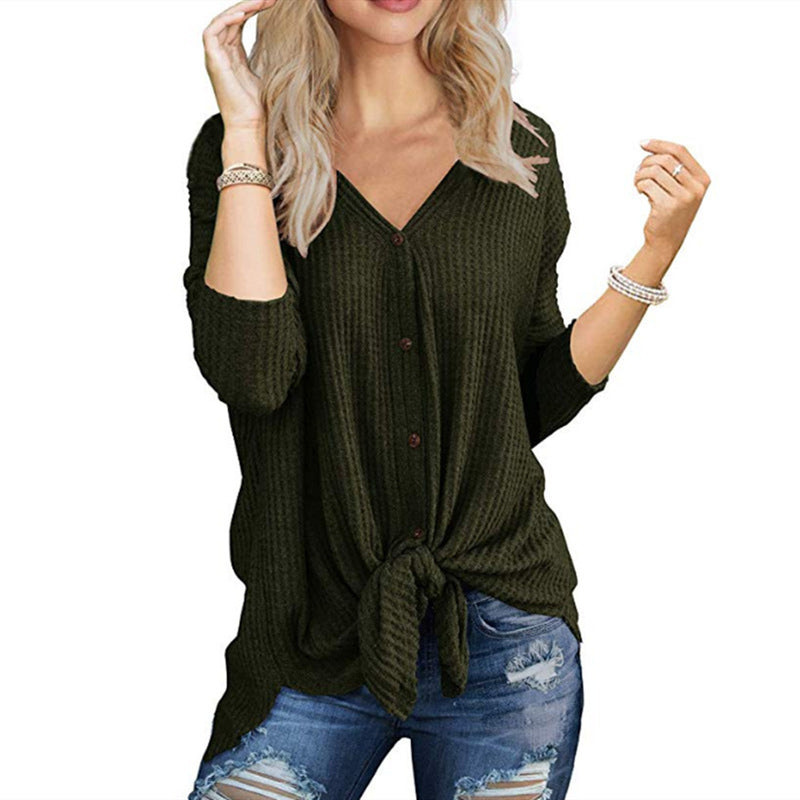 Womens Waffle Knit Tunic Blouse Tie Knot Henley Tops Loose Fitting Bat Image 8