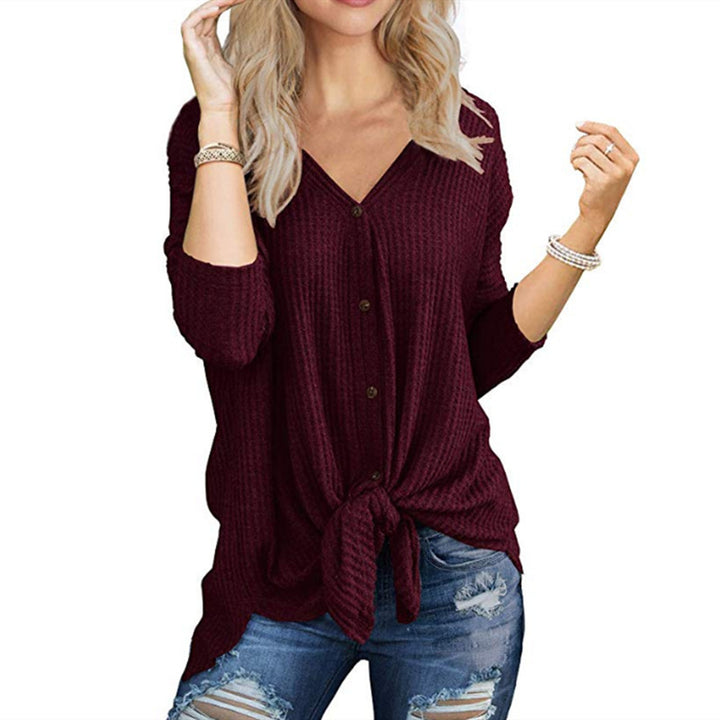 Womens Waffle Knit Tunic Blouse Tie Knot Henley Tops Loose Fitting Bat Image 9