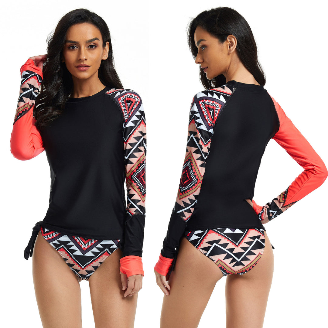 Womens Long Sleeve Shirt Color Block Print Tankini Swimsuit Image 8