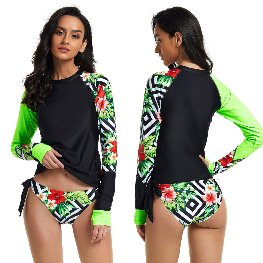 Womens Long Sleeve Shirt Color Block Print Tankini Swimsuit Image 9