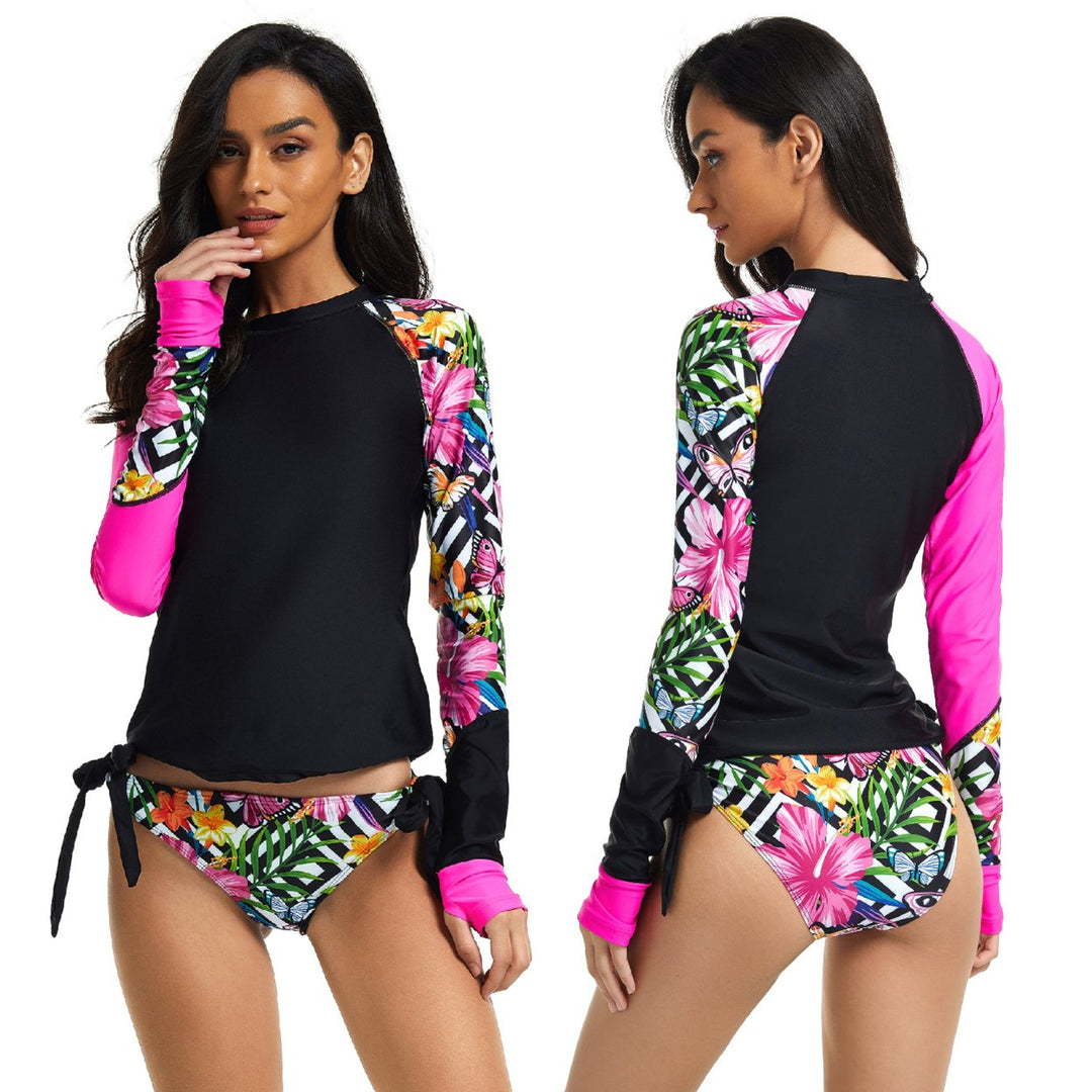 Womens Long Sleeve Shirt Color Block Print Tankini Swimsuit Image 10