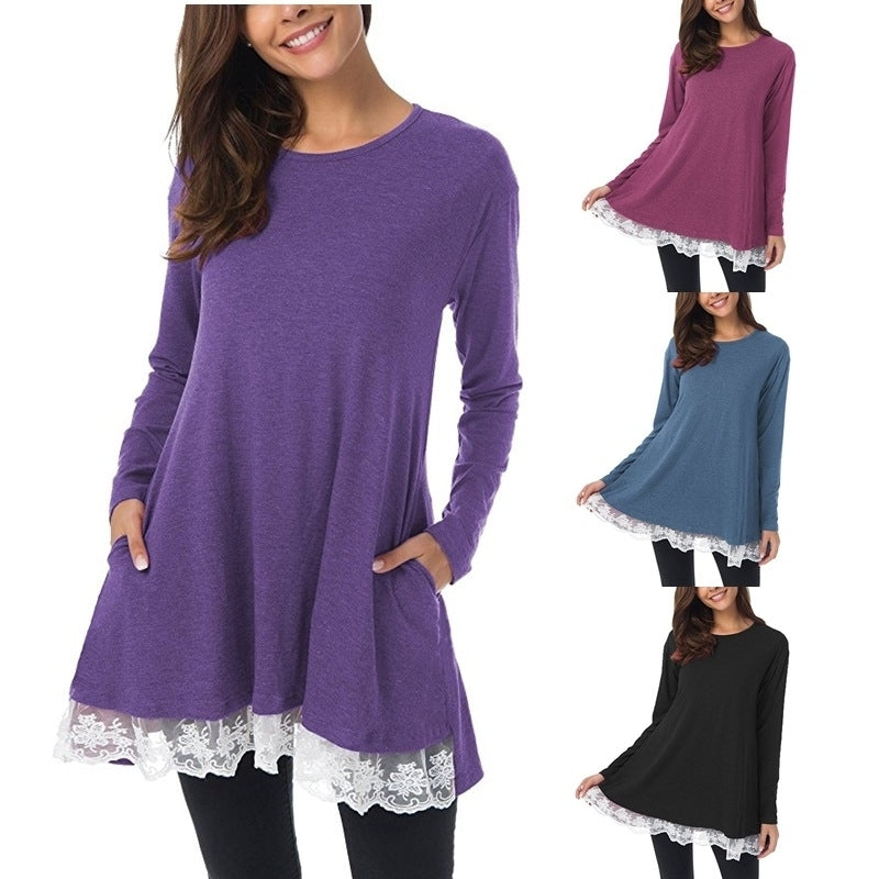 Women Lace Long Sleeve Tunic Top Blouse Image 1