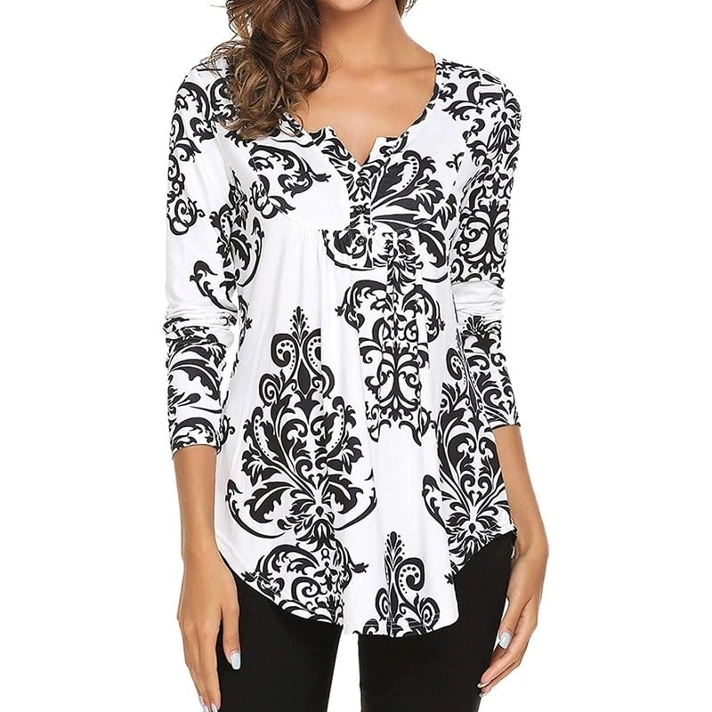 Womens Floral Printed Long Sleeve Henley V Neck Pleated Casual Flare Tunic Blouse Shirt Image 1