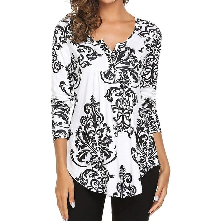 Womens Floral Printed Long Sleeve Henley V Neck Pleated Casual Flare Tunic Blouse Shirt Image 1