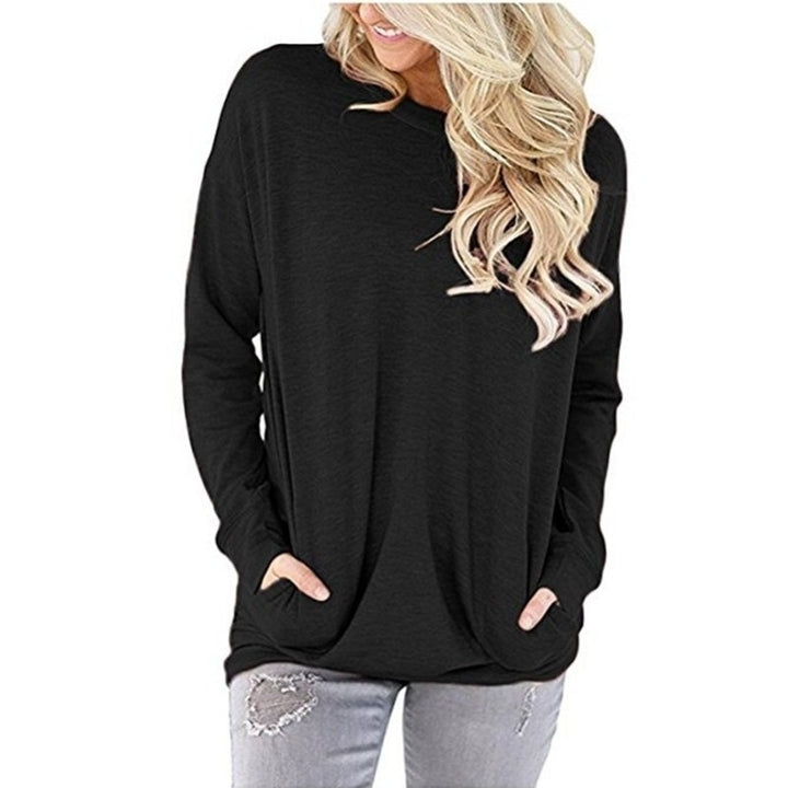 Women Casual Long Sleeve Shirts Round Neck Loose Fit Blouses Tops with Pockets Image 2