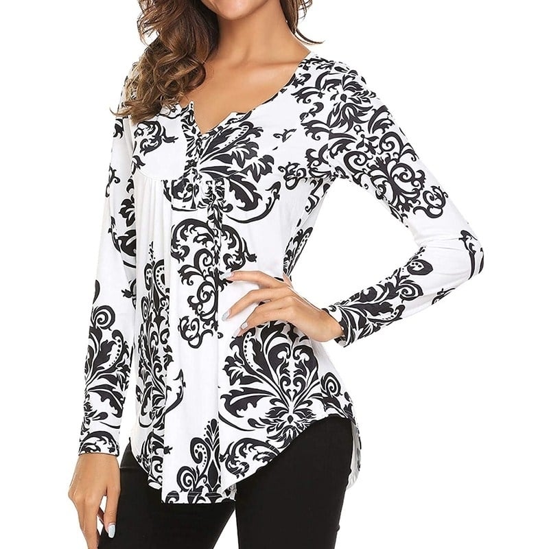 Womens Floral Printed Long Sleeve Henley V Neck Pleated Casual Flare Tunic Blouse Shirt Image 2