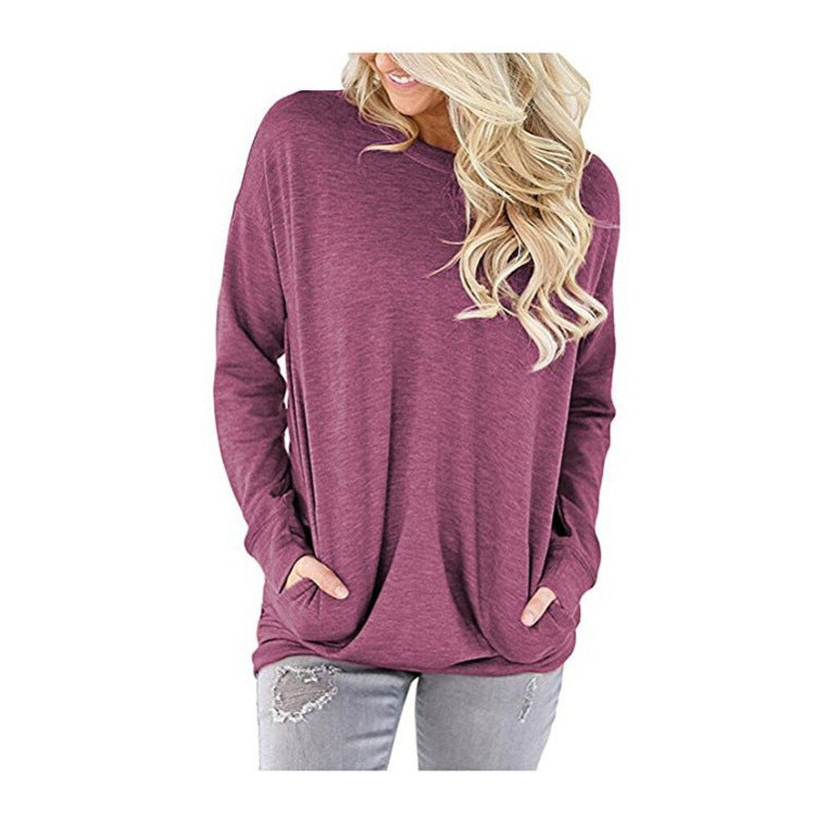 Women Casual Long Sleeve Shirts Round Neck Loose Fit Blouses Tops with Pockets Image 3