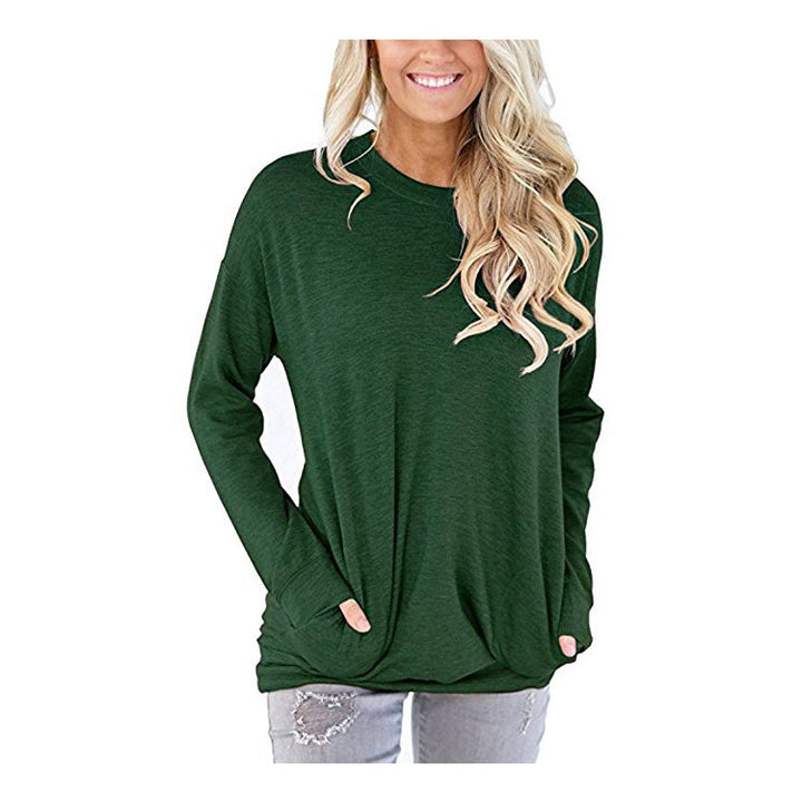 Women Casual Long Sleeve Shirts Round Neck Loose Fit Blouses Tops with Pockets Image 7