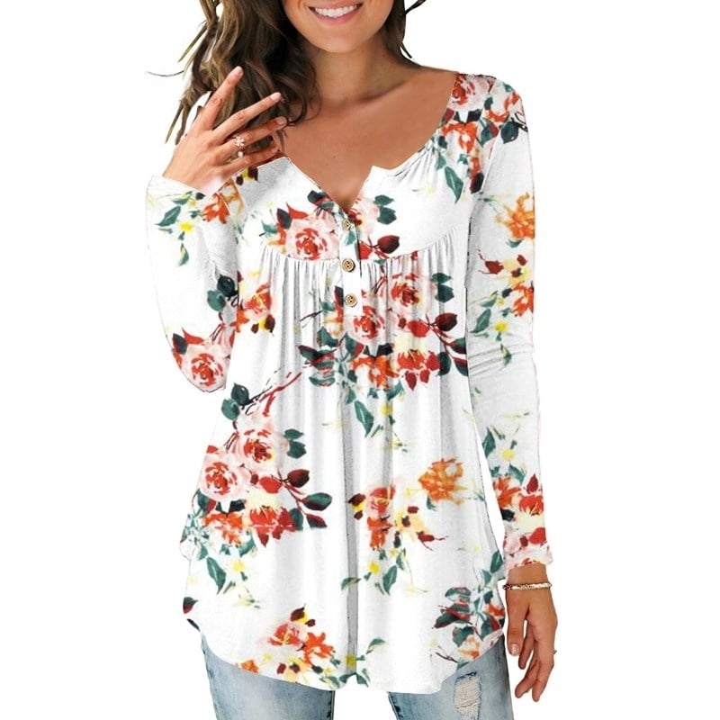 Womens Floral Printed Long Sleeve Henley V Neck Pleated Casual Flare Tunic Blouse Shirt Image 4