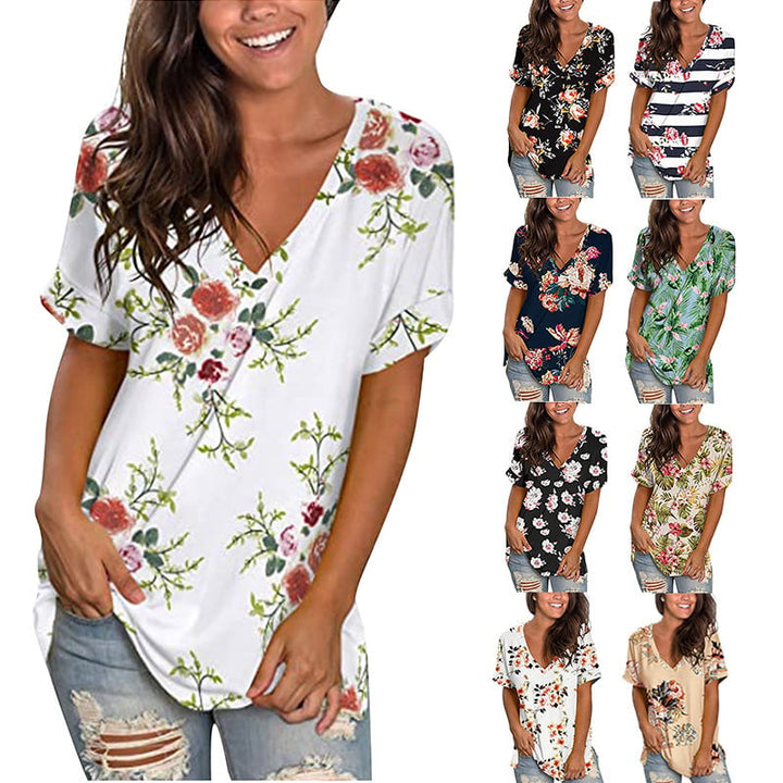 Womens Floral Tops Short Sleeve V Neck Tee T Shirt Printed Side Split Tunic Image 1