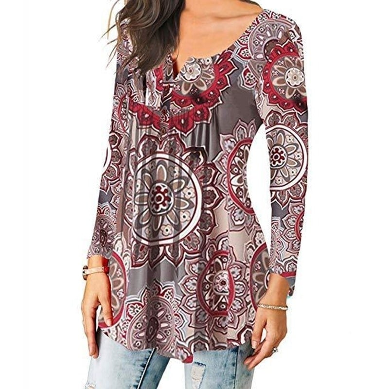 Womens Floral Printed Long Sleeve Henley V Neck Pleated Casual Flare Tunic Blouse Shirt Image 6