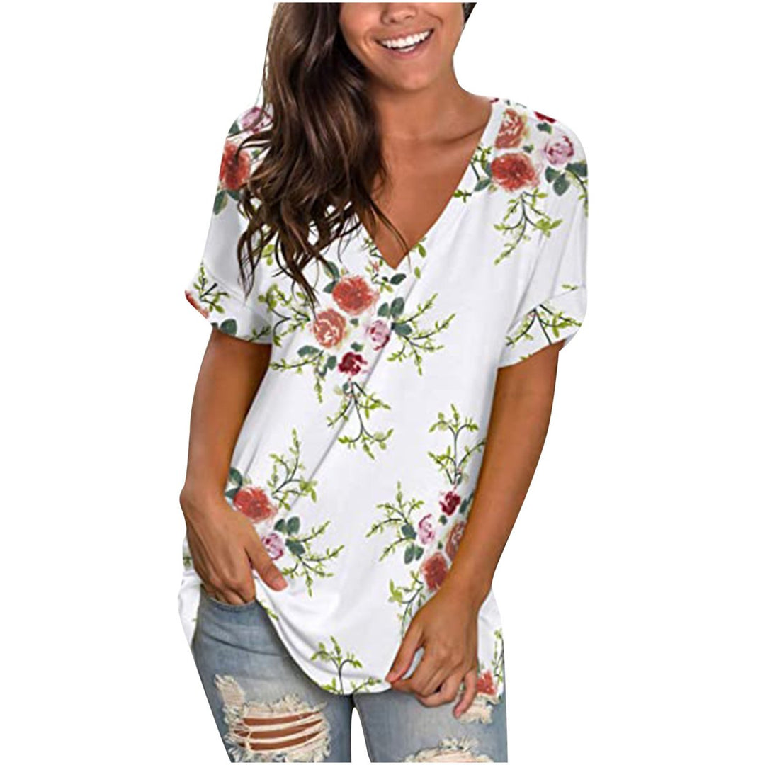 Womens Floral Tops Short Sleeve V Neck Tee T Shirt Printed Side Split Tunic Image 3