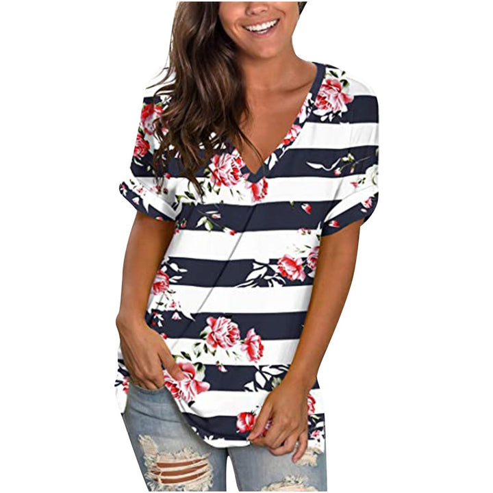 Womens Floral Tops Short Sleeve V Neck Tee T Shirt Printed Side Split Tunic Image 4