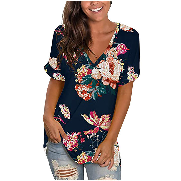 Womens Floral Tops Short Sleeve V Neck Tee T Shirt Printed Side Split Tunic Image 4