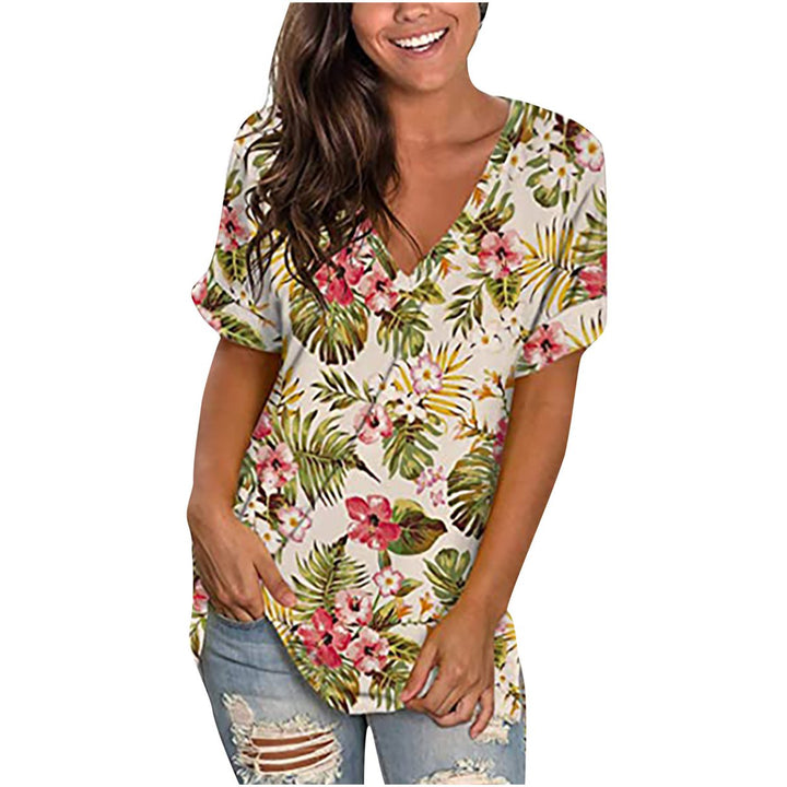 Womens Floral Tops Short Sleeve V Neck Tee T Shirt Printed Side Split Tunic Image 6