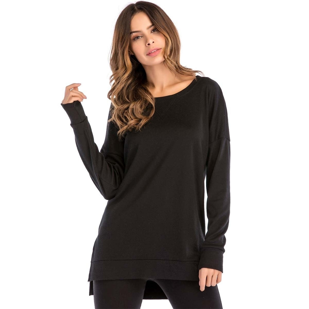 Womens Fall Long Sleeve Side Split Loose Casual Pullover Tunic Tops Image 1