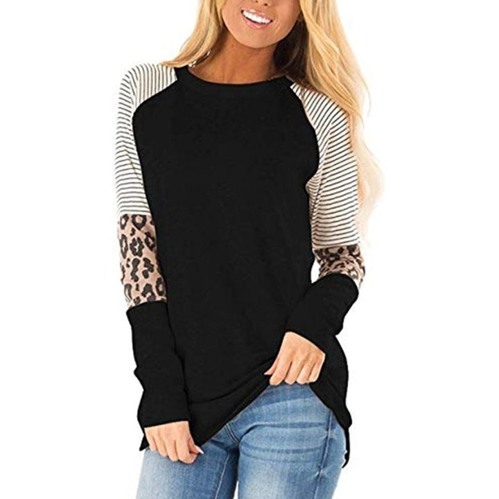 Womens Leopard Print Color Block Tunic Round Neck Long Sleeve Shirts Image 4