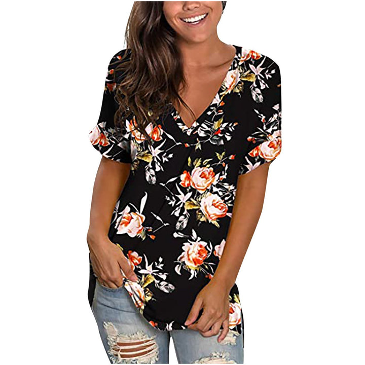 Womens Floral Tops Short Sleeve V Neck Tee T Shirt Printed Side Split Tunic Image 7