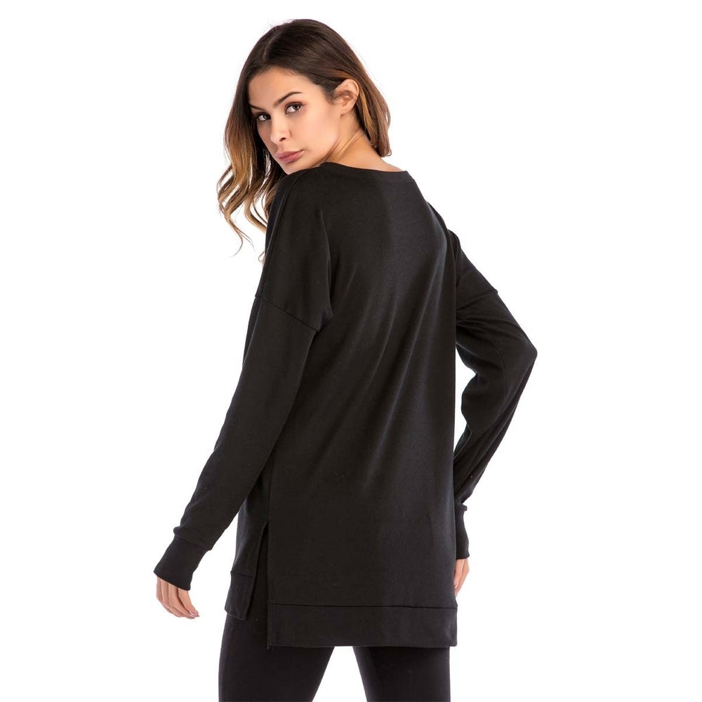 Womens Fall Long Sleeve Side Split Loose Casual Pullover Tunic Tops Image 2