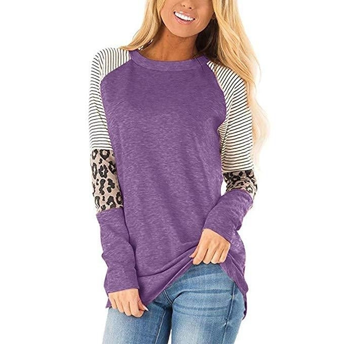 Womens Leopard Print Color Block Tunic Round Neck Long Sleeve Shirts Image 1