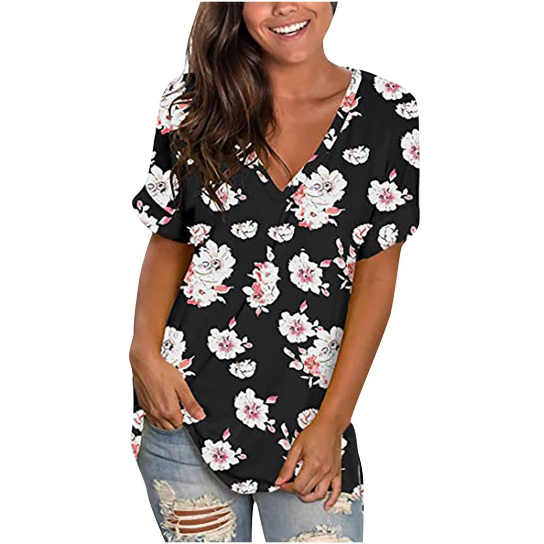 Womens Floral Tops Short Sleeve V Neck Tee T Shirt Printed Side Split Tunic Image 8