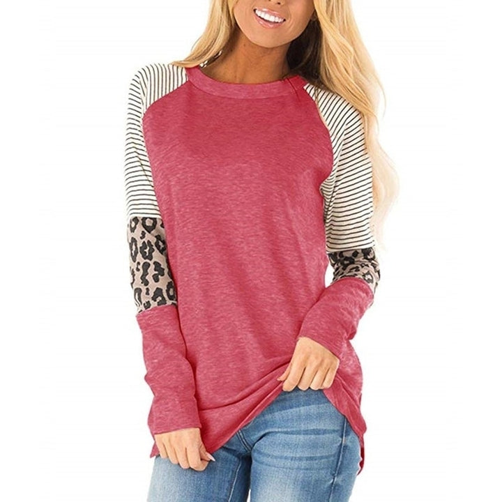 Womens Leopard Print Color Block Tunic Round Neck Long Sleeve Shirts Image 7