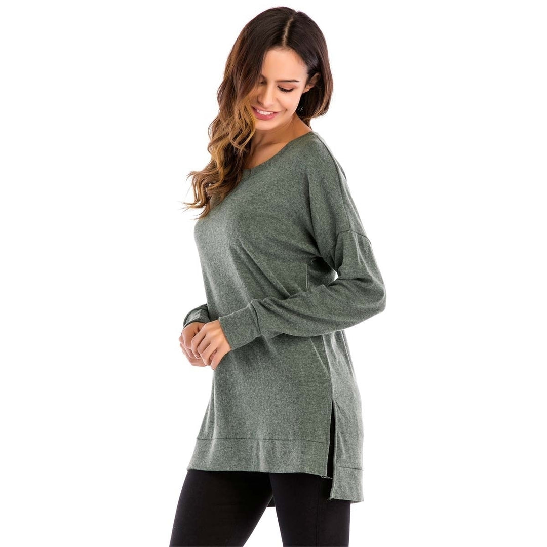 Womens Fall Long Sleeve Side Split Loose Casual Pullover Tunic Tops Image 4