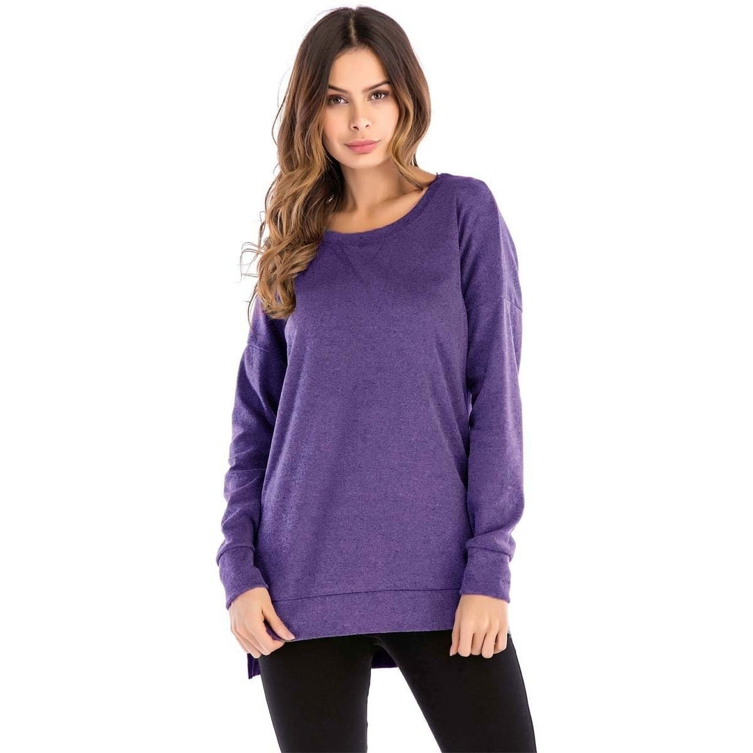 Womens Fall Long Sleeve Side Split Loose Casual Pullover Tunic Tops Image 1