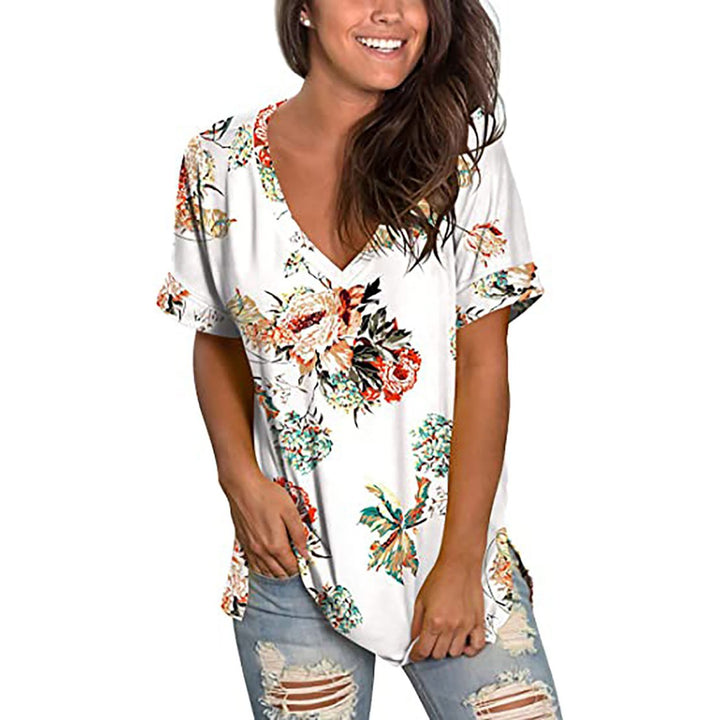 Womens Floral Tops Short Sleeve V Neck Tee T Shirt Printed Side Split Tunic Image 11