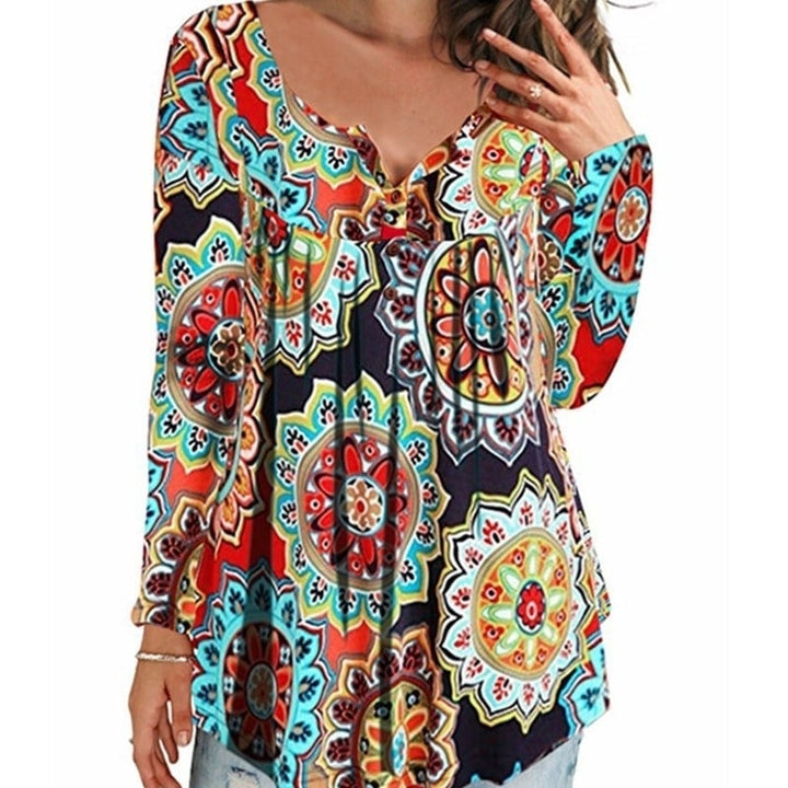 Womens Floral Printed Long Sleeve Henley V Neck Pleated Casual Flare Tunic Blouse Shirt Image 7