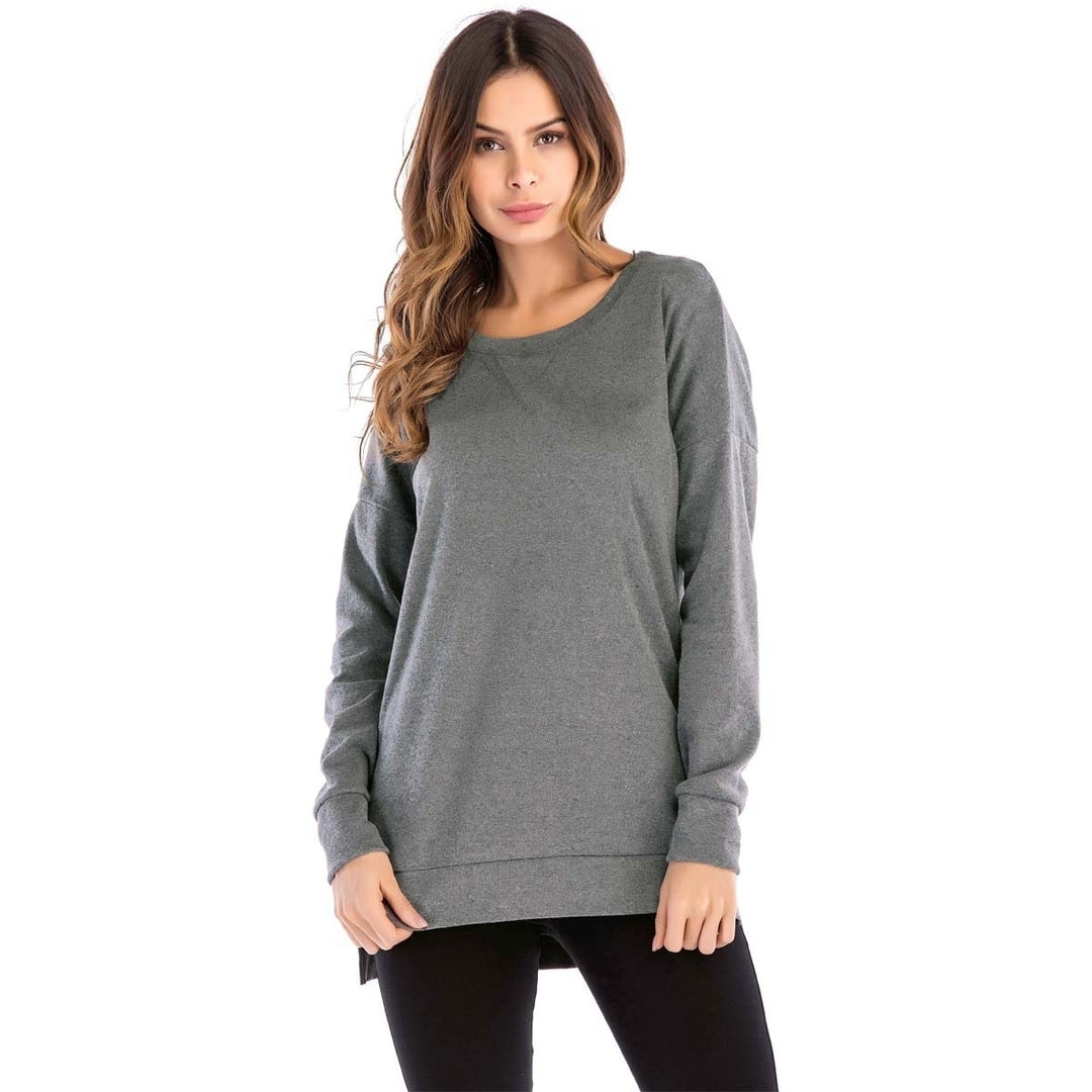 Womens Fall Long Sleeve Side Split Loose Casual Pullover Tunic Tops Image 8