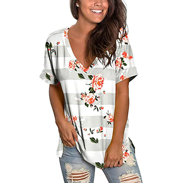 Womens Floral Tops Short Sleeve V Neck Tee T Shirt Printed Side Split Tunic Image 12