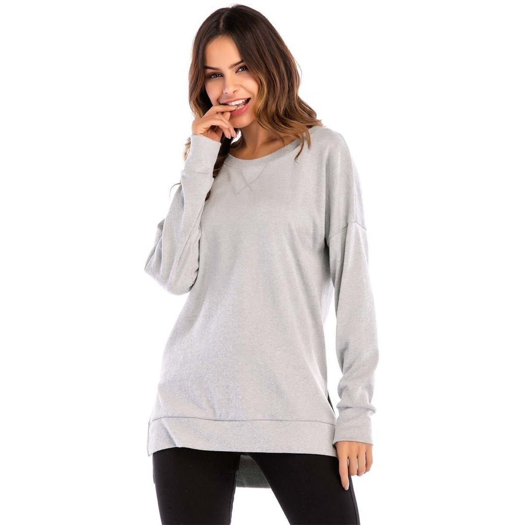 Womens Fall Long Sleeve Side Split Loose Casual Pullover Tunic Tops Image 1