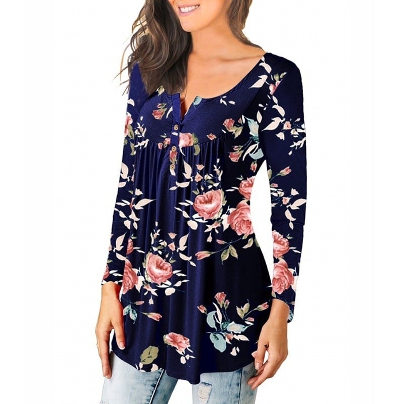 Womens Floral Printed Long Sleeve Henley V Neck Pleated Casual Flare Tunic Blouse Shirt Image 8