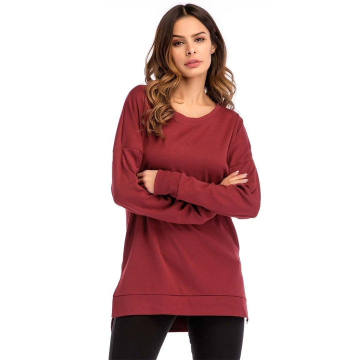 Womens Fall Long Sleeve Side Split Loose Casual Pullover Tunic Tops Image 1