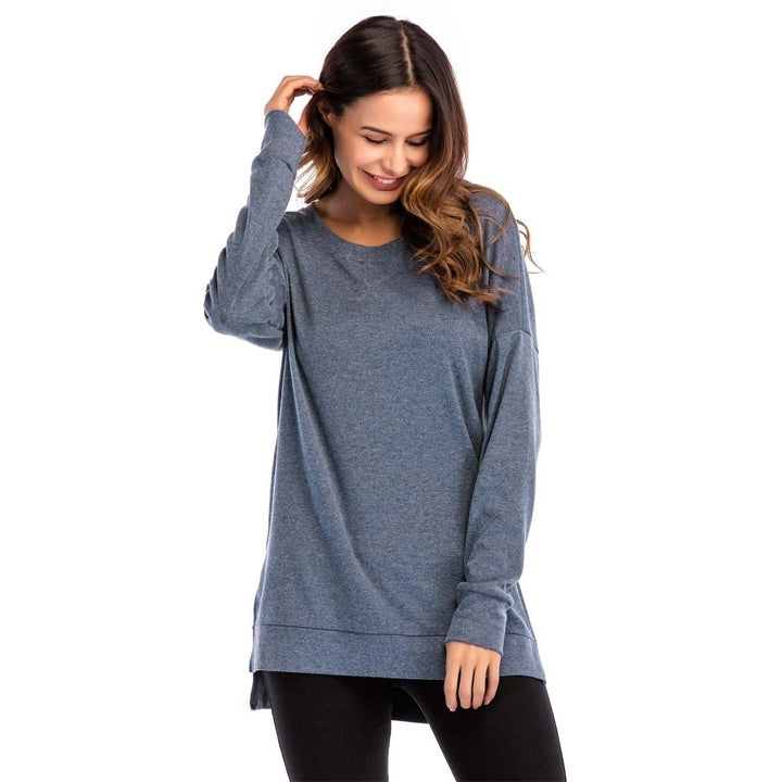 Womens Fall Long Sleeve Side Split Loose Casual Pullover Tunic Tops Image 1