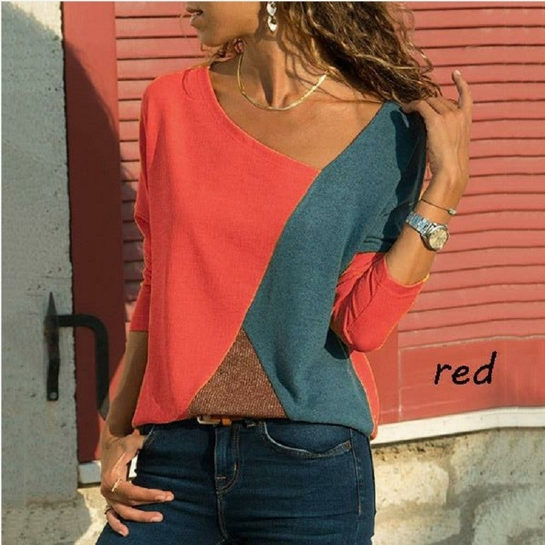 Womens Shirts Casual Tee Shirts Short Sleeve Patchwork Color Block Loose Fits Tunic Image 1