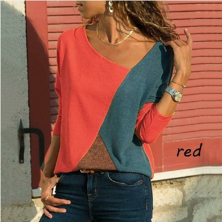 Womens Shirts Casual Tee Shirts Short Sleeve Patchwork Color Block Loose Fits Tunic Image 1