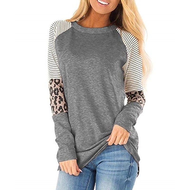 Womens Leopard Print Color Block Tunic Round Neck Long Sleeve Shirts Image 10