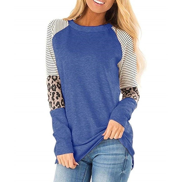 Womens Leopard Print Color Block Tunic Round Neck Long Sleeve Shirts Image 11