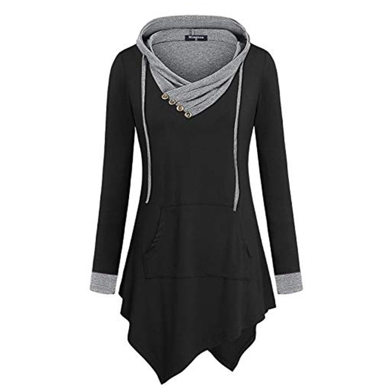 Uneven Hemline Hoody Shirt Pocket Tunic Long Sleeve Casual Tops Image 8