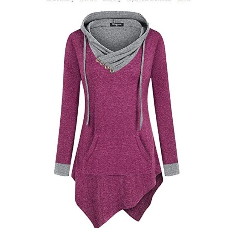 Uneven Hemline Hoody Shirt Pocket Tunic Long Sleeve Casual Tops Image 10