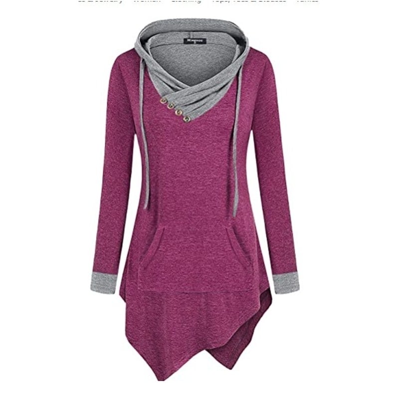 Uneven Hemline Hoody Shirt Pocket Tunic Long Sleeve Casual Tops Image 1