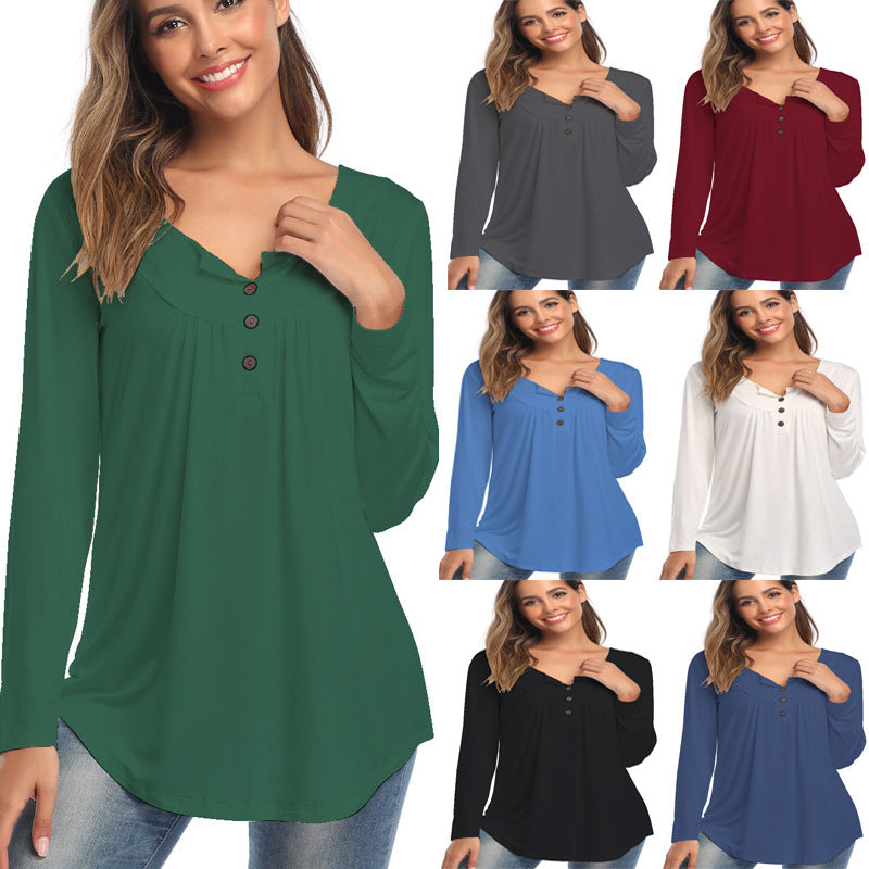 Womens Casual Long Sleeve Henley V-Neck Loose Tunic Shirt Blouse Tops Image 1